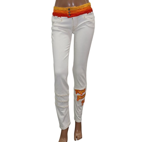 Vintage Y2K Mid Rise Pepe Jeans 73 White Skinny Pants Retro Patch Size 27 - Picture 2 of 9